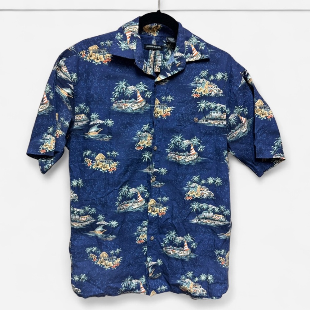 Pierre Cardin Blue Hawaiian Shirt with Palm Trees and Boats